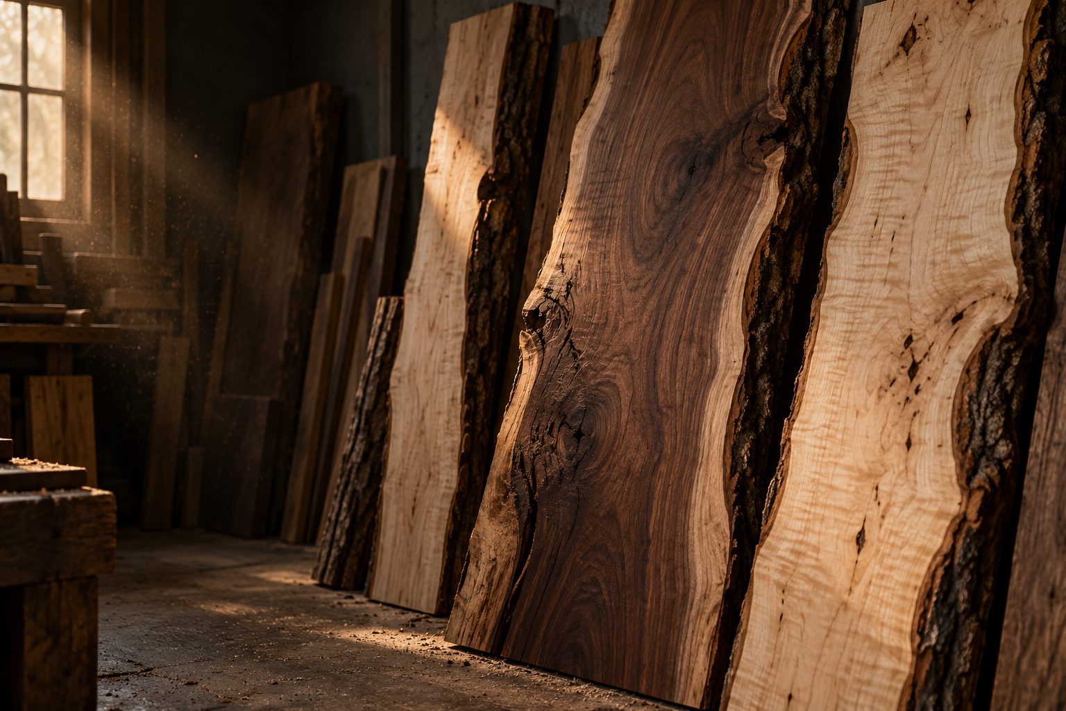 Rough-sawn live edge slabs of dark and pale hardwood leaning against a workshop wall in warm window light