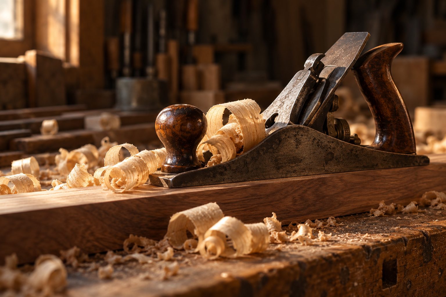 A hand plane resting on a board among curled wood shavings