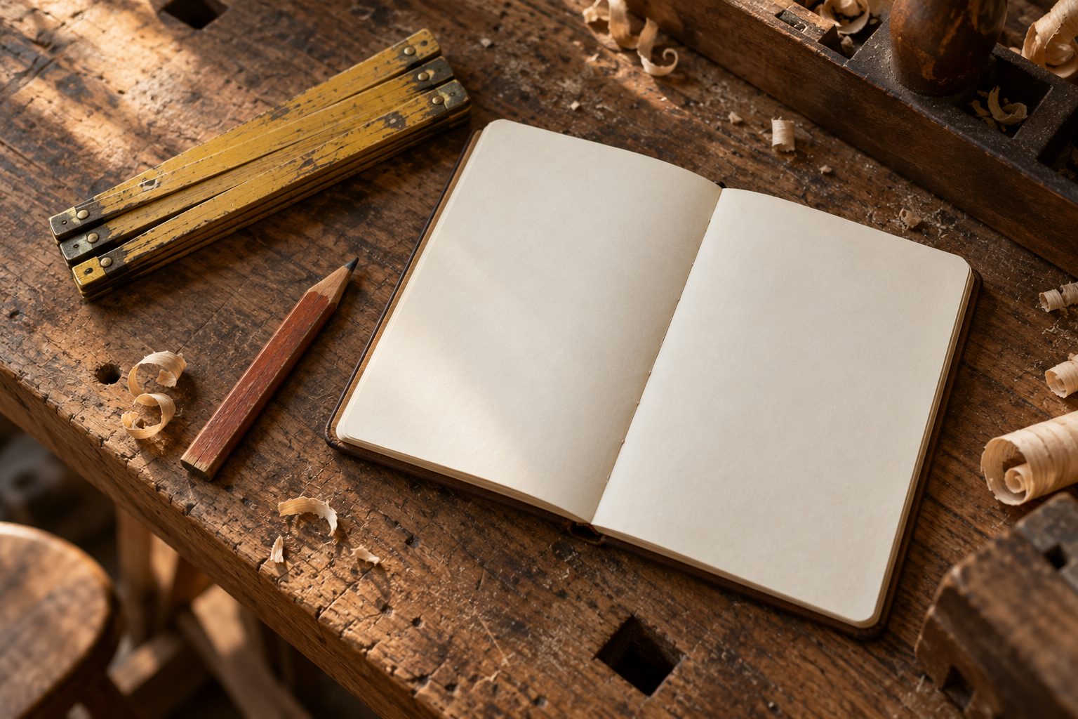 An open notebook, a carpenter's pencil and a folding rule on a worn workbench