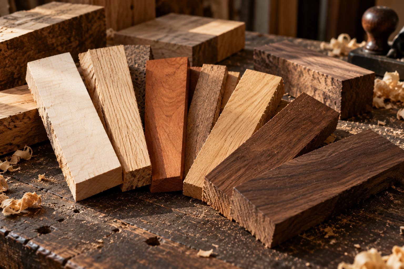 Small blocks of light and dark wood fanned out on a workbench